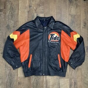 Vintage Tide Racing Team Leather Jacket 90s NASCAR Ricky Rudd Black Orange XL